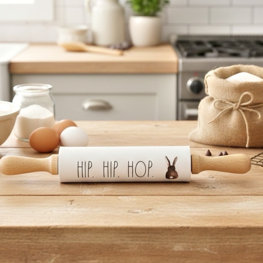 Rae Dunn Hip Hip Hop Bunny Silicone and Wood Rolling Pin Easter Farmhouse Decor - Picture 9 of 10